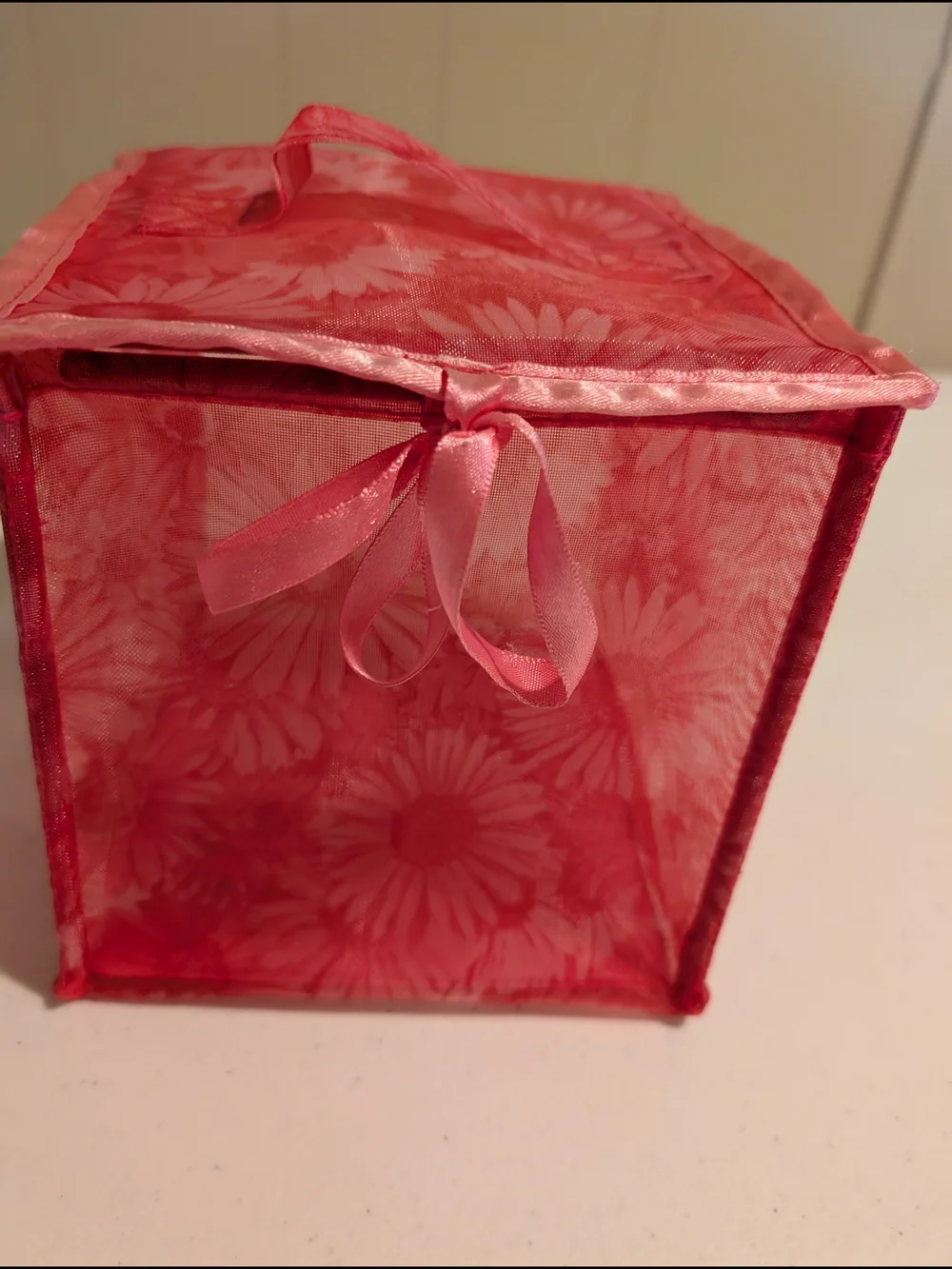 Sheer Pink Organza Gift Bag with Floral Print